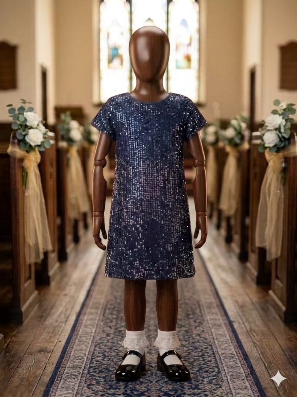 Girls Navy Sequin Short-Sleeve Party Dress XL 14 - 16